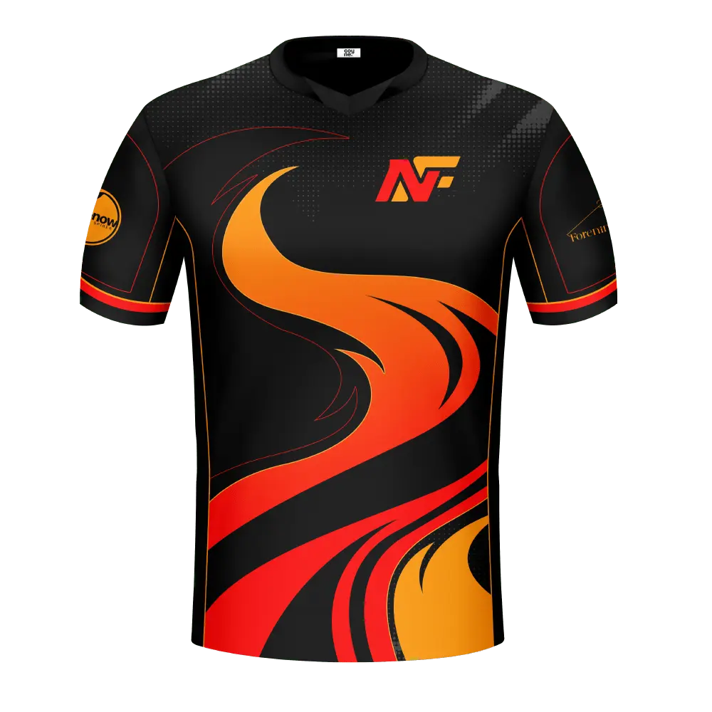Flaming north Esports jersey med flammer og sponsorlogoer